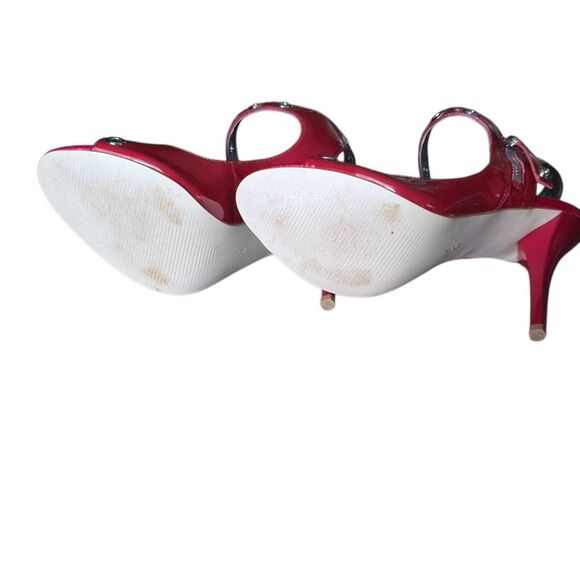 Guess Women's Size 7 Red Silver Grommets Patent Leather Peeptoe Stiletto Heels - Picture 4 of 6